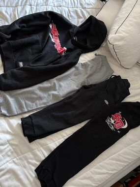 Nike Kids Black and Gray Matching Hoodie & Joggers Set with Red Graphic